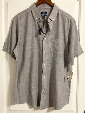 George Classic Fit Stretch Short Sleeve Grey Poplin Button Up Shirt Men’s Sz L